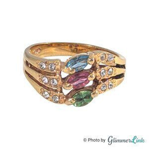 VTG Multicolor Crystals Rhinestone Gold Tone Costume Cocktail Ring Size 8 3/4